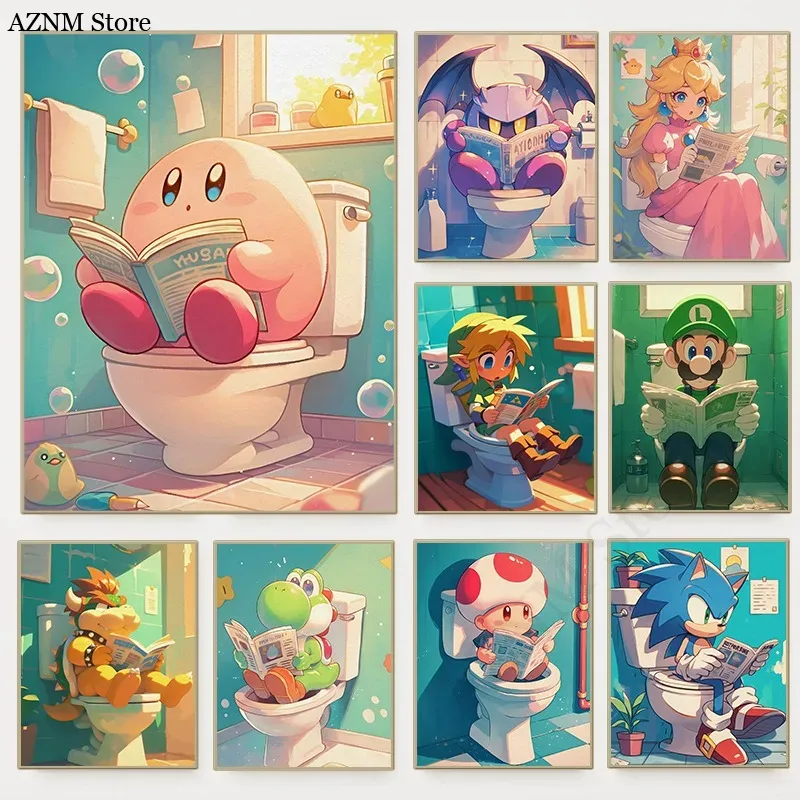Photography Nature - Lustiges Badezimmer-Cartoon-Videospiel-Poster, niedliche animierte Charaktere, Toiletten-Leinwandgemälde,